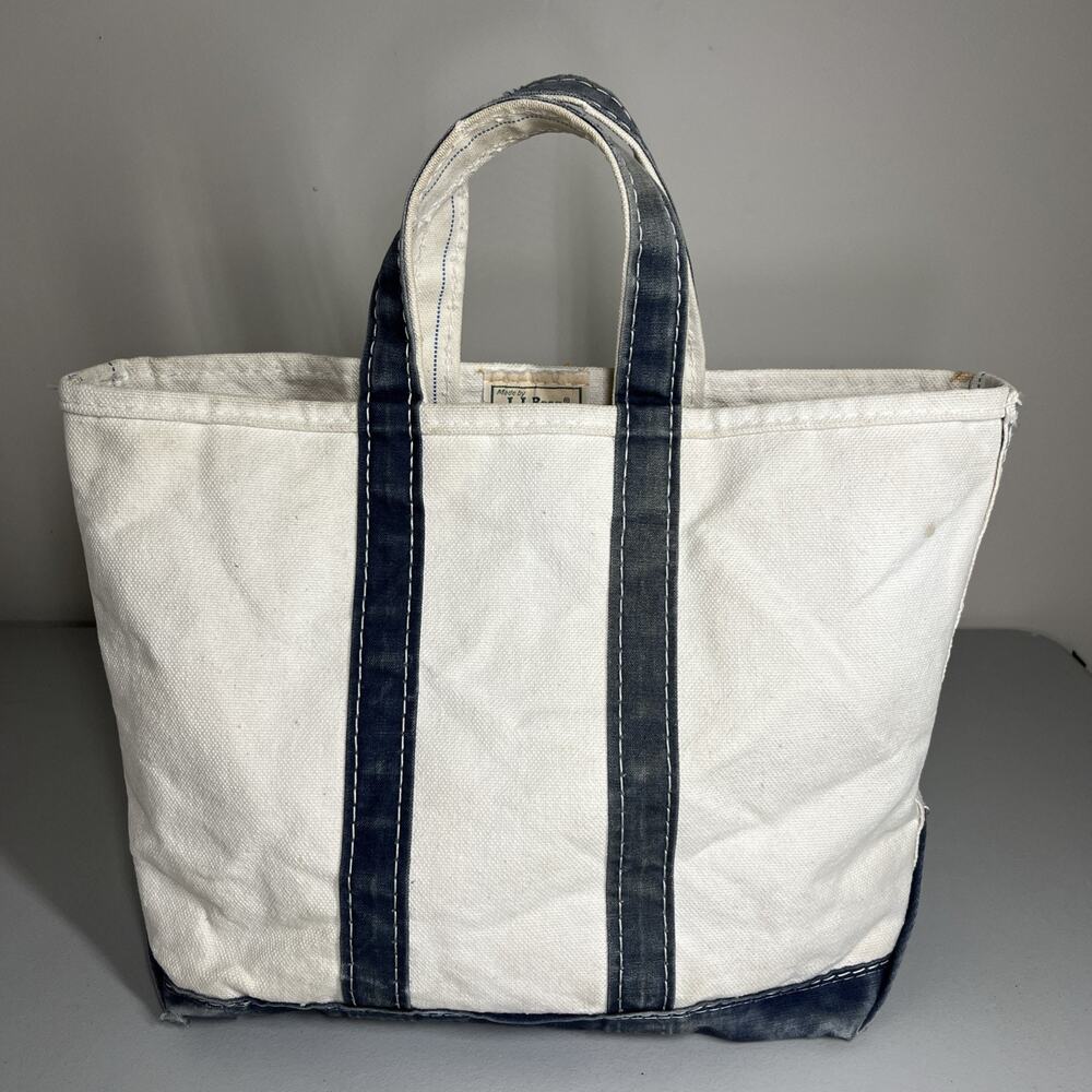 Vintage LL Bean Boat Tote Canvas Bag Distressed Sawtooth Crinkle Tag Maine White - Picture 2 of 16